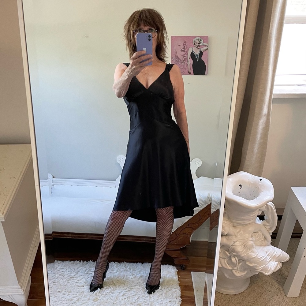 VINTAGE BLACK SLEEVELESS SATINY HIGH LOW DRESS SIDE ZIPPER FIT FLARE STRAPS